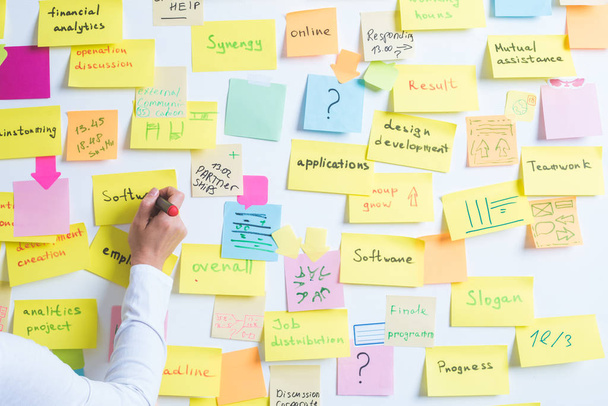 Business people use sticky notes post, writing down ideas. Teamwork. - Photo, Image