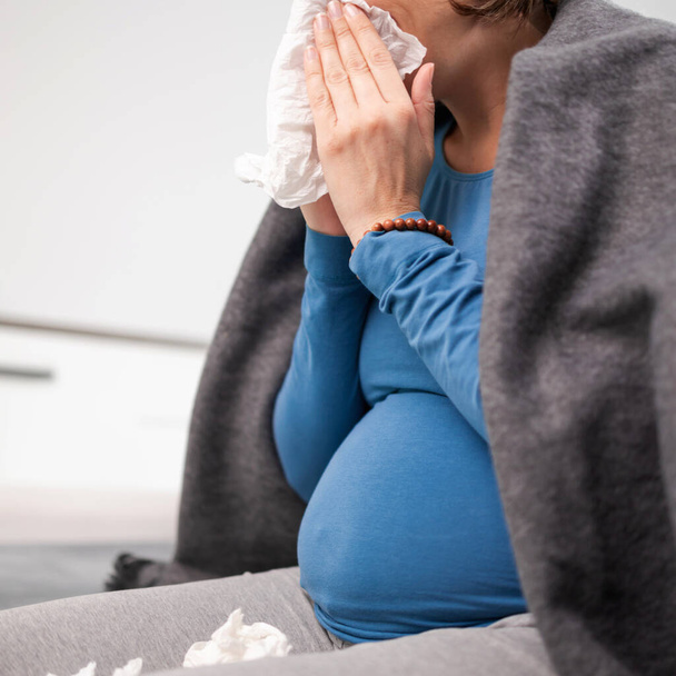 Pregnant woman catching cold, flu, virus, sitting at home on a c - 写真・画像