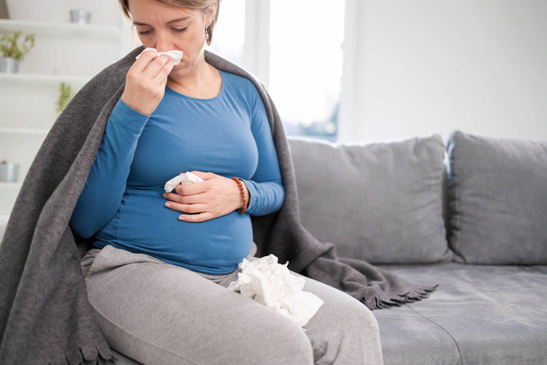 Mujer embarazada contraer resfriado, gripe, virus, sentado en casa en una c
 - Foto, imagen
