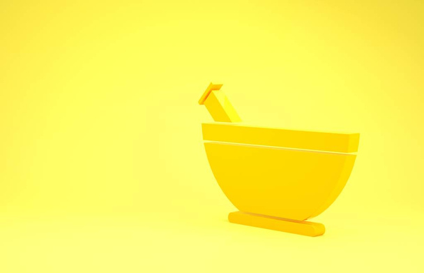 Sárga Mortar és pestle ikon elszigetelt sárga alapon. Minimalizmus koncepció. 3d illusztráció 3D render - Fotó, kép