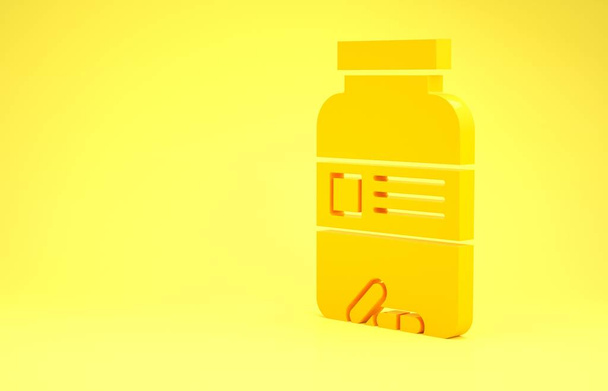 Sarı ilaç şişesi ve sarı arka planda izole edilmiş hap ikonu. Şişe hapı işareti. Eczane tasarımı. Minimalizm kavramı. 3d illüstrasyon 3d canlandırma - Fotoğraf, Görsel