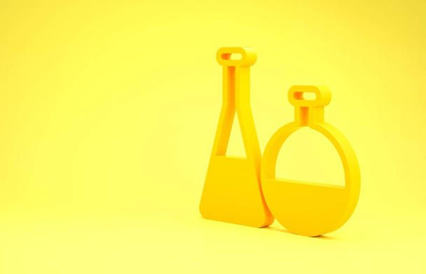 Žlutá zkumavka a baňka chemické laboratorní zkušební ikony izolované na žlutém pozadí. Laboratorní značka skla. Minimalismus. 3D ilustrace 3D vykreslení - Fotografie, Obrázek