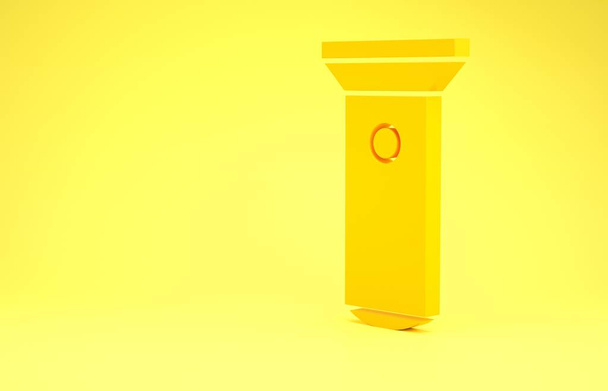 Yellow Flashlight icon isolated on yellow background. Minimalism concept. 3d illustration 3D render - Photo, Image