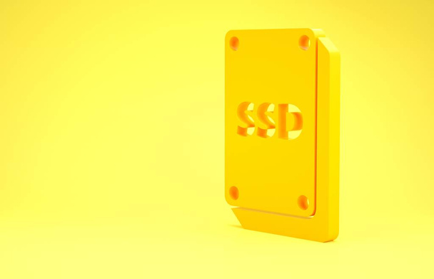 Icona della scheda SSD gialla isolata su sfondo giallo. Cartello a stato solido. Simbolo del disco di archiviazione. Concetto minimalista. Illustrazione 3d rendering 3D
 - Foto, immagini