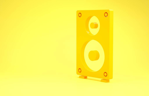 Gele Stereo luidspreker pictogram geïsoleerd op gele achtergrond. Geluidssysteemluidsprekers. Muziek icoon. Muzikale kolom luidspreker bas apparatuur. Minimalisme concept. 3d illustratie 3D renderen - Foto, afbeelding