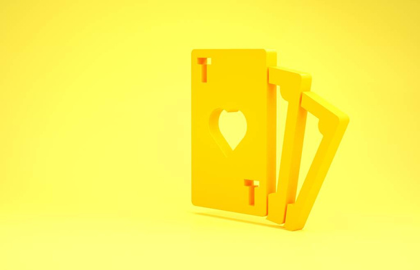 Жовта гральна картка з символом серця ізольована на жовтому тлі. Азартні ігри в казино. Концепція мінімалізму. 3D ілюстрація 3D рендеринга
 - Фото, зображення