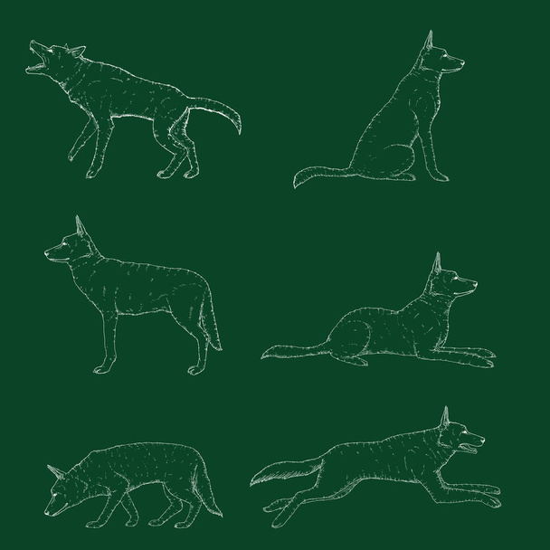 Vector Set of Chalk Sketch German Shepherd Dog Illustrations - Vector, Image