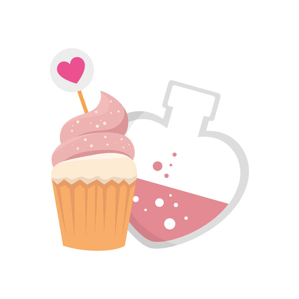 fragrance with heart bottle and cupcake - Vector, Image