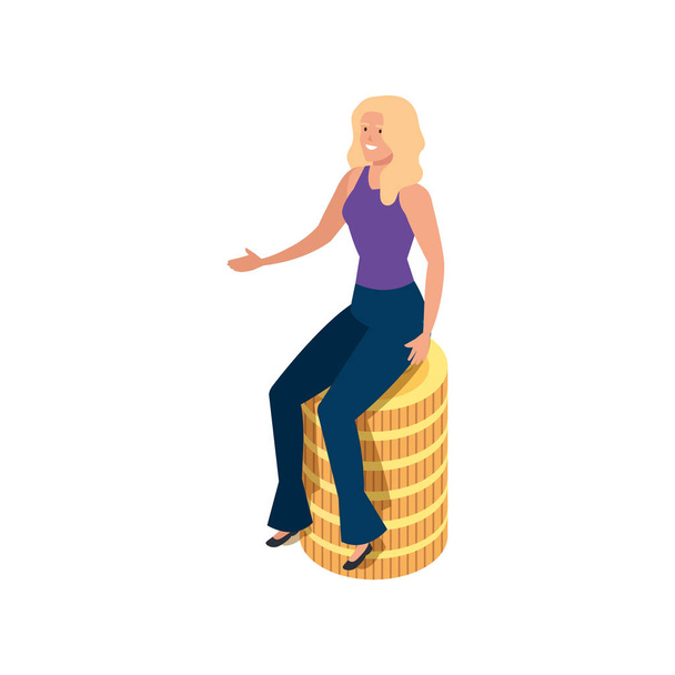 beautiful woman sitting in stack coins isolated icon - Vettoriali, immagini