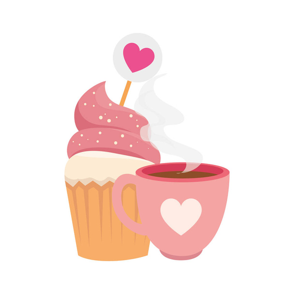 šálek kávy s cupcake izolované ikony - Vektor, obrázek