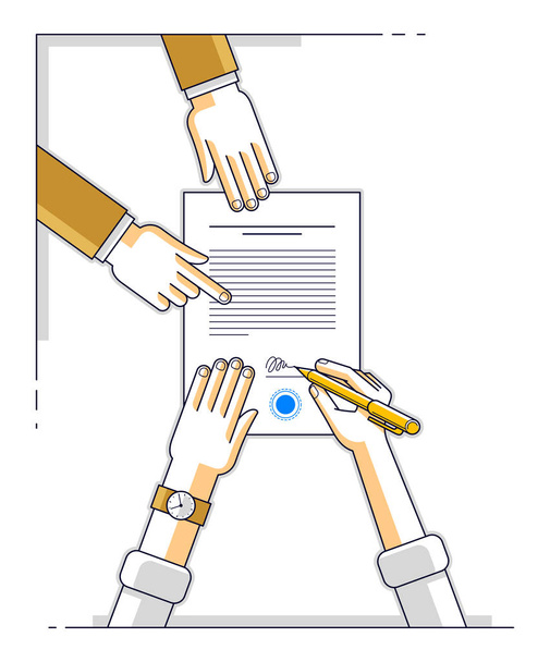 Businessman signs contract paper document or bank customer write a sign on financial form of money credit and employee helps him and explains the terms of loan, top view of people hands. Vector. - Vector, Image