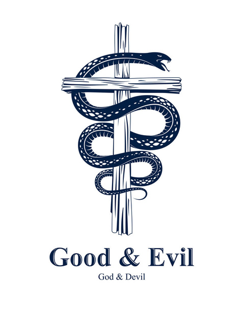 Serpent on a Cross vintage tattoo, snake wraps around Christian cross, God and Devil allegory, the struggle between good and evil, symbolic vector illustration logo or emblem. - Vector, Image