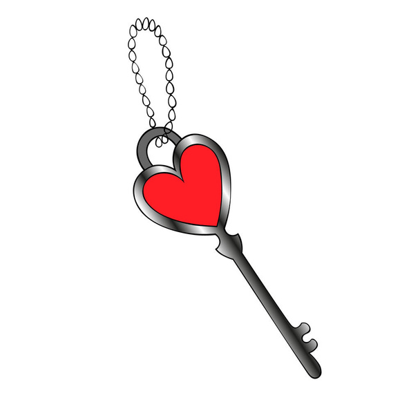 Color vector illustration of a heart-shaped key. The keychain is made of a metal chain. Isolated a colorless background. The idea for stickers, book design, magazine, invitation to the feast. Valentine day. Festive print. - Vektor, Bild