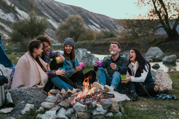 Şöminenin yanında oturan ve doğanın ortasında eğlenen bir grup arkadaş için kamp zamanı. - Fotoğraf, Görsel