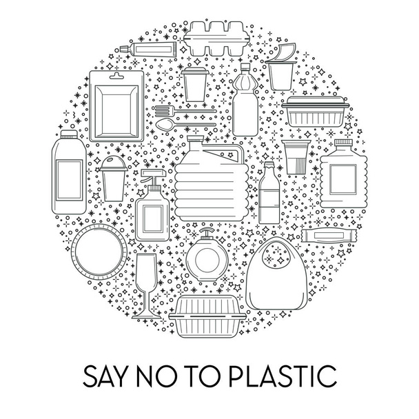プラスチック使用量の削減、使い捨て食器分離アウトラインアイコンベクトル。製品コンテナ、ボトルとパケット、キャニスター、プレートとカトラリー。線形標識、合成材料、地球を救う - ベクター画像