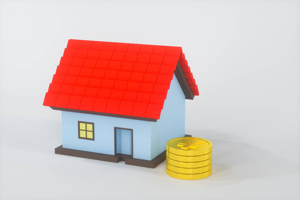 A kis ház modell mellett az arany érmék, 3d renderelés. - Fotó, kép