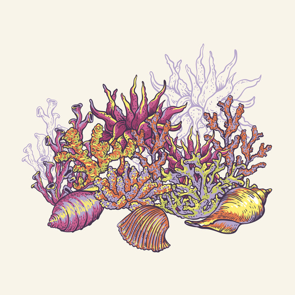 Życie morskie naturalna kartka z życzeniami, ilustracja wektora podwodnego,  - Wektor, obraz