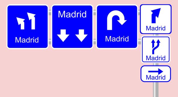 Public displays. Graphic, signs collectively. Ironic directional wayfinding signage for Madrid. Illustration, absurd road traffic signal. All roads lead to the capital of Spain. Detailed information. - Photo, Image