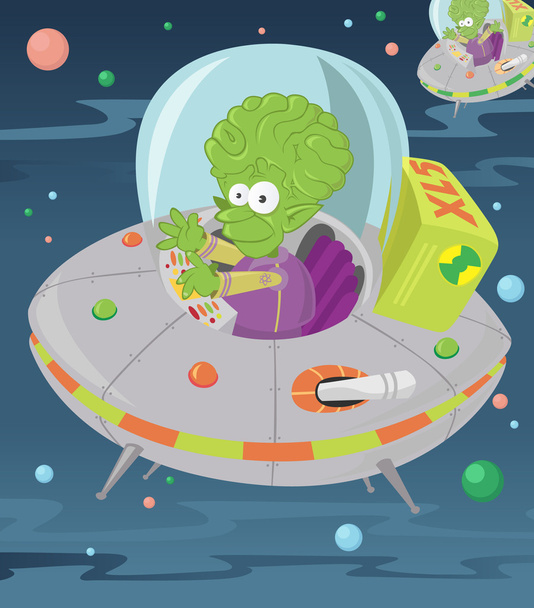 Green man in his flying saucer. - Vector, Imagen