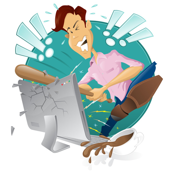 Angry frustrated man destroying his computer - Vector, Image