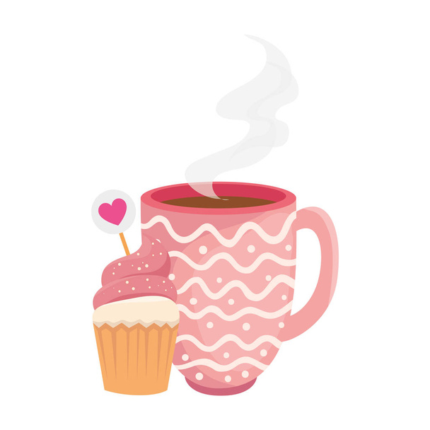 kopje koffie met cupcake geïsoleerde pictogram - Vector, afbeelding