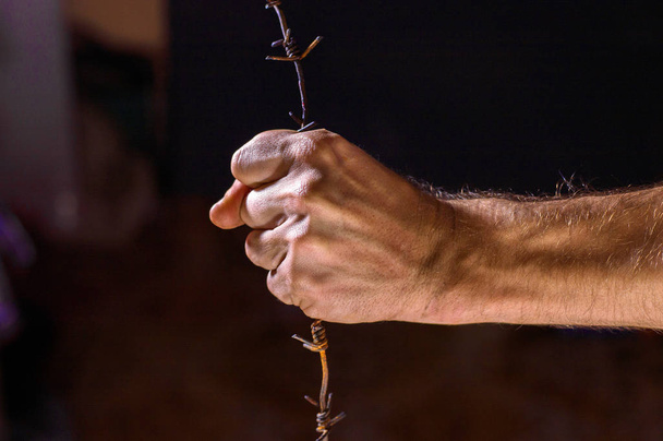 hand holds rusty barbed wire - Photo, Image