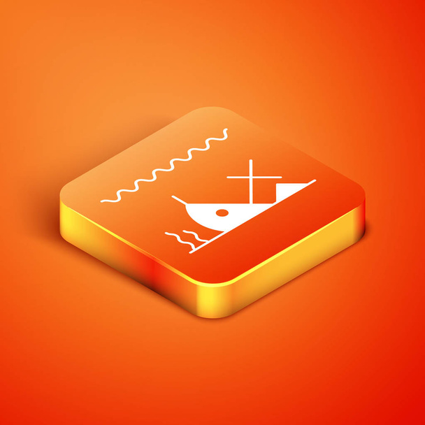 オレンジ色の背景に隔離された海のアイコンの底にアイソメトリックサンケン船。ベクターイラスト - ベクター画像