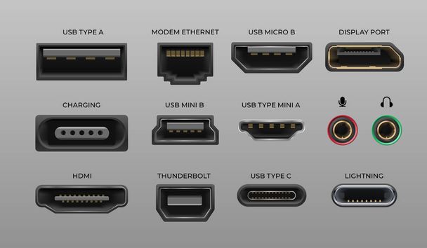 Connettore e porte. USB tipo A e tipo C, porte video disegnateMI DVI e Displayport, porte audio coassiali, thunderbolt e lightning vector
 - Vettoriali, immagini