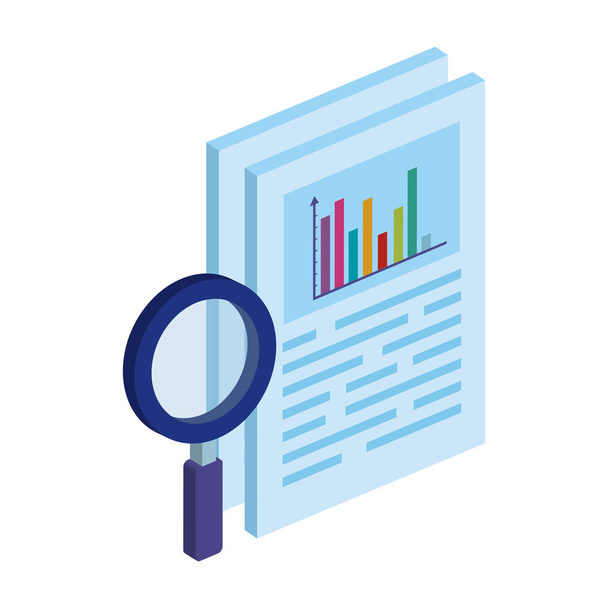 document with bars statistical and magnifying glass isolated icon - Vector, Image