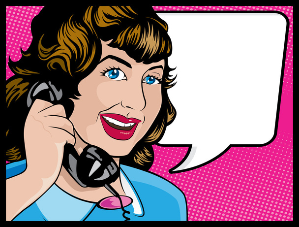 Винтажная женщина в стиле комикс на телефоне
 - Вектор,изображение