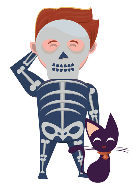 Mann mit Totenkopf-Kostüm und Katze - Vektor, Bild