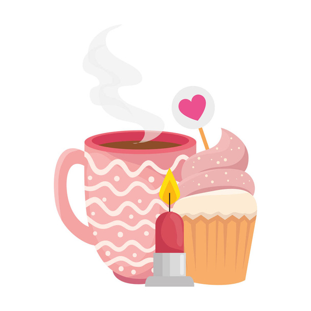cup coffee with cupcake and candle - Wektor, obraz
