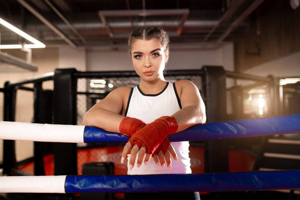 portrait of beautiful sportive woman in ring - Photo, Image