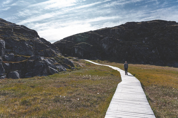 イルリサットのIcefjordに向かって表示します。ボードウォークに立って若い男旅行者の観光客。グリーンランドのカンギア氷河からの氷山は青い空と雲で泳いでいます。地球温暖化の象徴. - 写真・画像