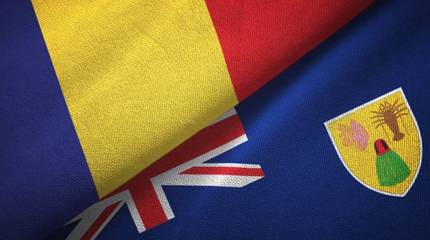 Romanya ve Türkler ve Caicos Adaları iki bayrak tekstil kumaşı, kumaş dokusu - Fotoğraf, Görsel