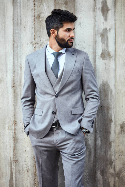 Adult caucasian brunet businessman wear grey suit pose - Foto, Imagem