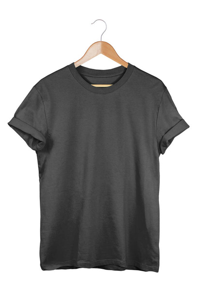 Black t-shirt on hanger isolated on white background. Branding template - Photo, image