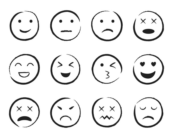 emiji smile face von Hand gezeichnet Stil. glücklich, traurig, wütend Gesicht Doodle-Ikone. Emojis für soziale Medien. Cartoon-Menschen Gesichter auf isoliertem Hintergrund. Ausdruck Emotion Line Stil. Designvektor - Vektor, Bild
