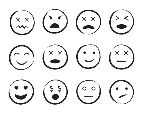 emiji smile face von Hand gezeichnet Stil. glücklich, traurig, wütend Gesicht Doodle-Ikone. Emojis für soziale Medien. Cartoon-Menschen Gesichter auf isoliertem Hintergrund. Ausdruck Emotion. Stimmungslage. Vektorillustration - Vektor, Bild
