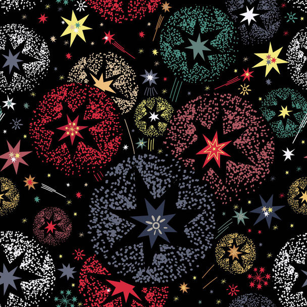 Festive firework background seamless of various colors. Pattern for holiday design. - Vektor, obrázek