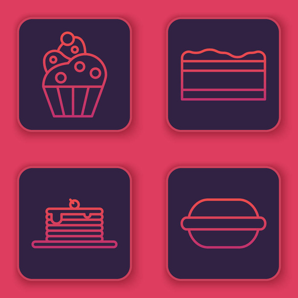ラインカップケーキ、パンケーキのスタック、ブラウニーチョコレートケーキとマカロンクッキーを設定します。青い四角形のボタン。ベクトル - ベクター画像