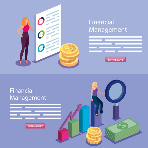 set poster di gestione finanziaria con persone e icone
 - Vettoriali, immagini