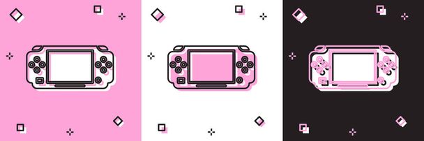 Definir ícone de console de videogame portátil isolado em rosa e branco, fundo preto. Sinal do Gamepad. Conceito de jogo. Ilustração vetorial
 - Vetor, Imagem