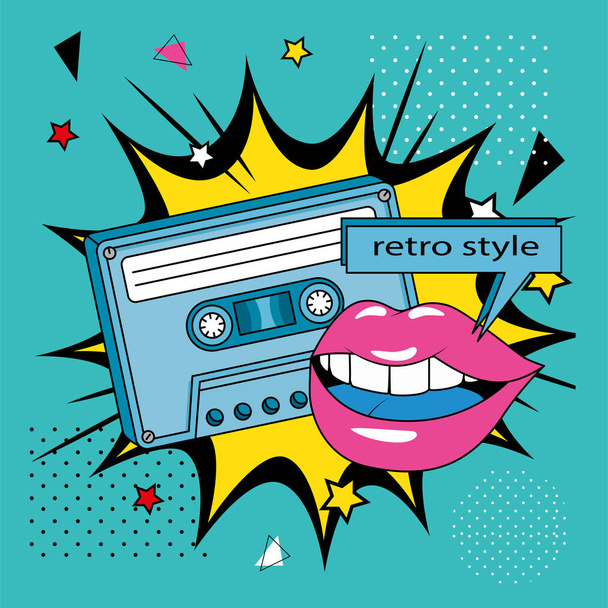 cassette of nineties with lips in explosion pop art - Vector, Image