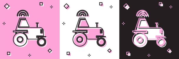 Zestaw Samojezdny ciągnik bezprzewodowy na inteligentnej ikonie gospodarstwa izolowany na różowym i białym, czarnym tle. Element wdrażania inteligentnego rolnictwa. Ilustracja wektora - Wektor, obraz