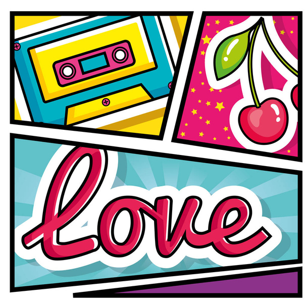 kasetti musiikkia kirsikat ja rakkaus kirjaimet pop art style
 - Vektori, kuva