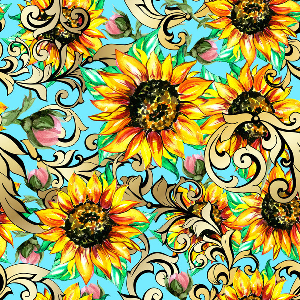 Sunflowers with poppies acanthus Seamless pattern  - Φωτογραφία, εικόνα