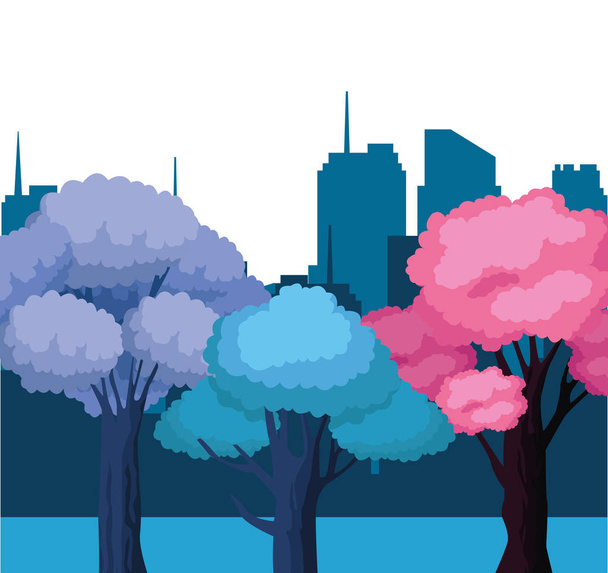 värikkäitä puita ja kaupungin rakennusten tausta
 - Vektori, kuva