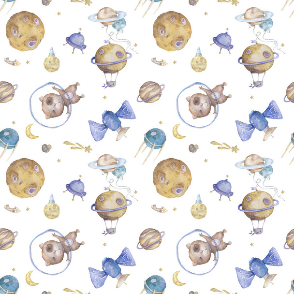 Cute Hand drawn space with cute hamster asrtonaut background. Watercolor cute pattern on space colorful illustration with planet, spaceship and stars. Kid clip art - Фото, зображення