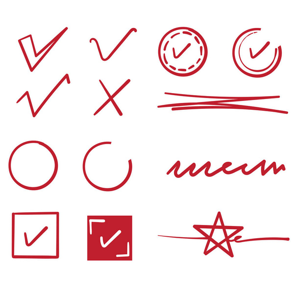 hand drawn check mark, wrong mark, underline,star with hand drawn doodle line art style vector isolated on white background - Vector, Image